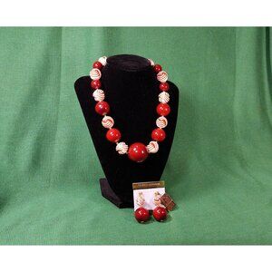 By Hugo Red & White Graduated Bead Necklace & Earrings Set W/ 14K  Post, Vintage